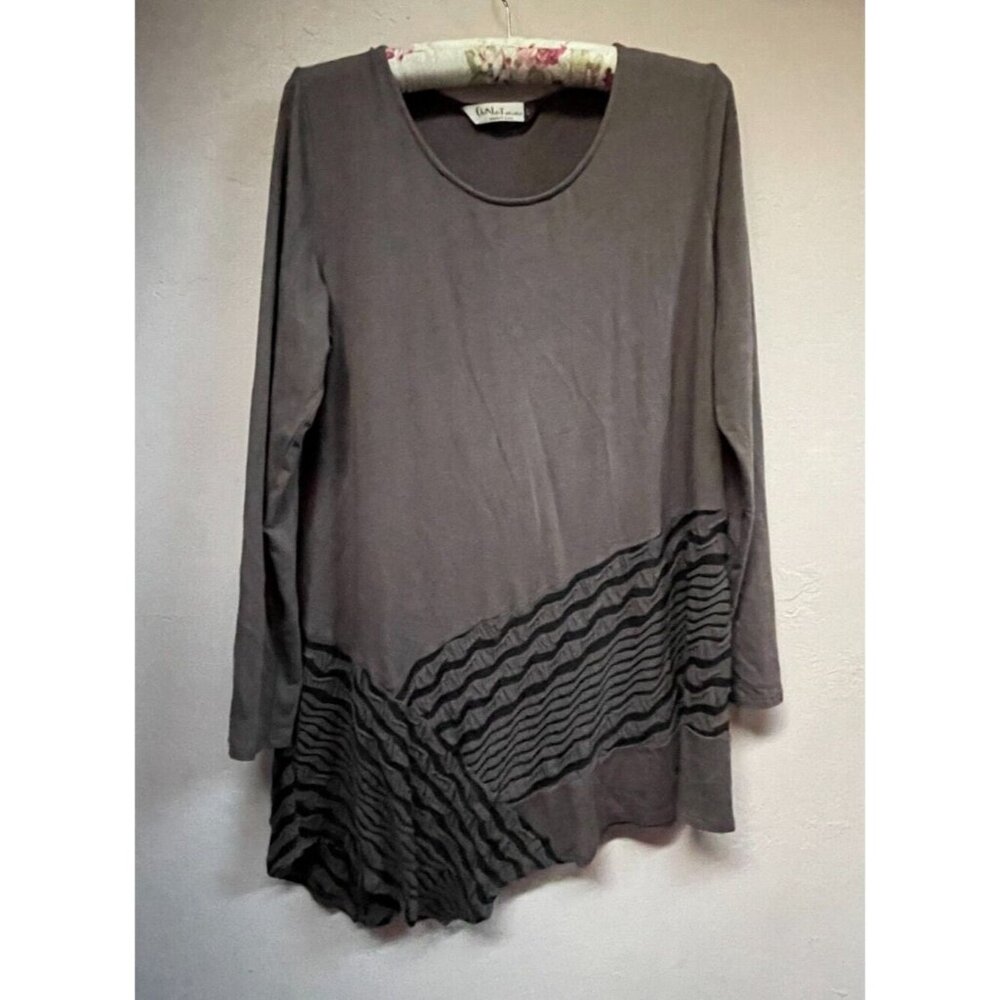 Chalet et Ceci Women Scoop Neck Long Sleeve Asymmetric Hem Tunic Top Large Brown